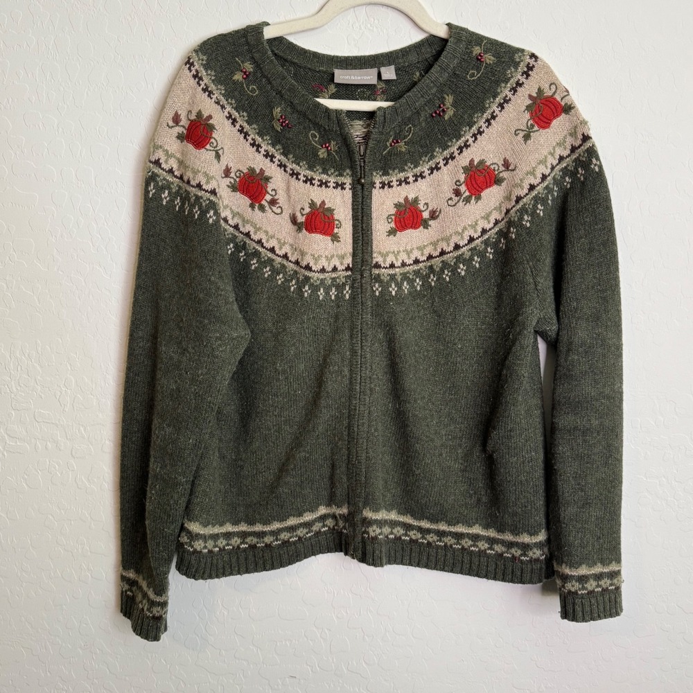 Croft & Barrow Womens Knit Cardigan L Green Pumpkin Embroidered Fall Zip Up Leaf